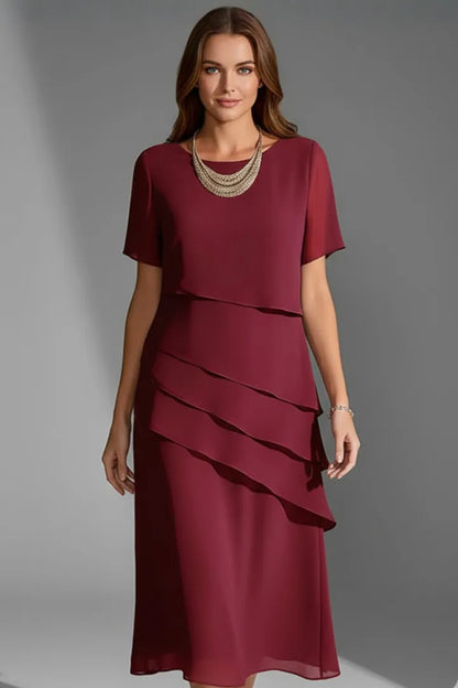 Women’s Elegant Short Sleeve Midi Wedding Guest Dress with Layered Front