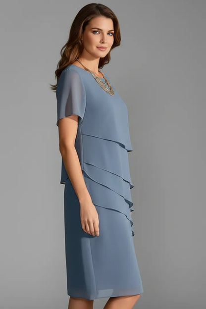 Women’s Elegant Short Sleeve Midi Wedding Guest Dress with Layered Front