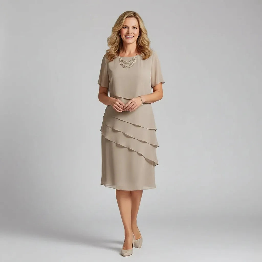 Women's Elegant Short Sleeve Midi Wedding Guest Dress with Tiered Skirt