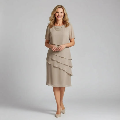Women's Elegant Short Sleeve Midi Wedding Guest Dress with Tiered Skirt