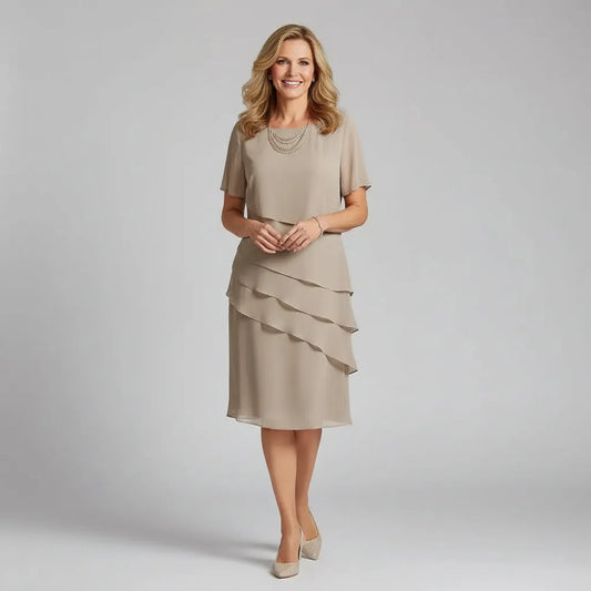 Women's Elegant Short Sleeve Midi Wedding Guest Dress with Tiered Skirt