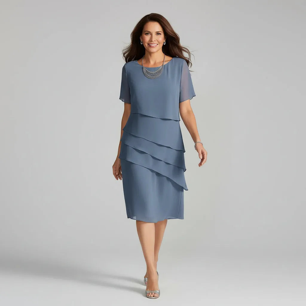 Women's Elegant Short Sleeve Midi Wedding Guest Dress with Tiered Skirt