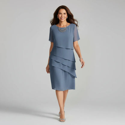 Women's Elegant Short Sleeve Midi Wedding Guest Dress with Tiered Skirt