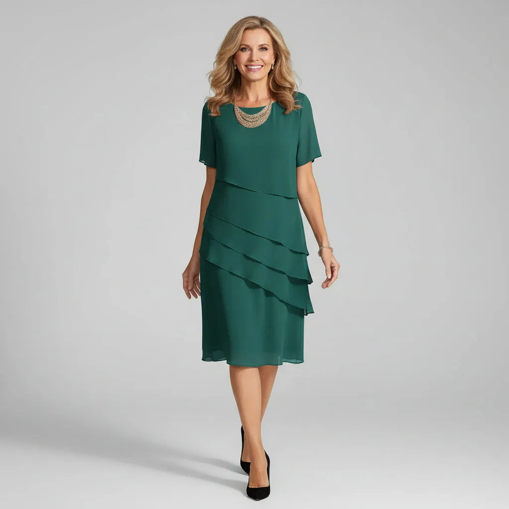 Women's Elegant Short Sleeve Midi Wedding Guest Dress with Tiered Skirt
