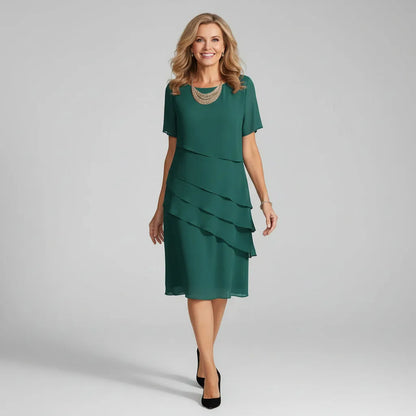 Women's Elegant Short Sleeve Midi Wedding Guest Dress with Tiered Skirt