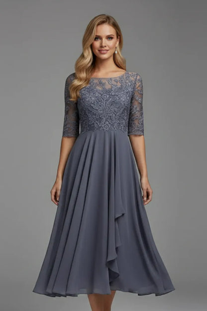 Women’s Elegant Short Sleeves Midi Wedding Guest Dress with Round Neckline