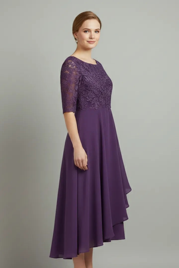 Women’s Elegant Short Sleeves Midi Wedding Guest Dress with Round Neckline