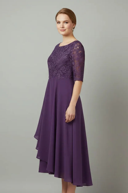 Women’s Elegant Short Sleeves Midi Wedding Guest Dress with Round Neckline