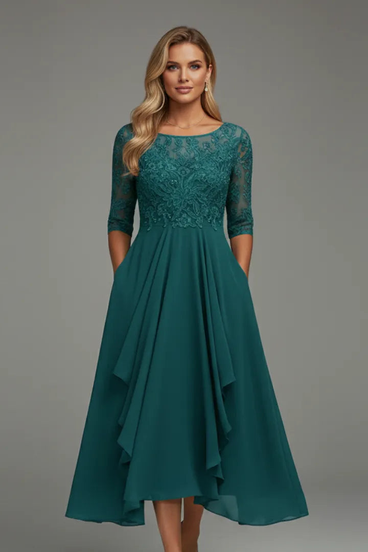 Women’s Elegant Short Sleeves Midi Wedding Guest Dress with Round Neckline