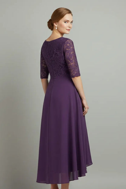 Women’s Elegant Short Sleeves Midi Wedding Guest Dress with Round Neckline