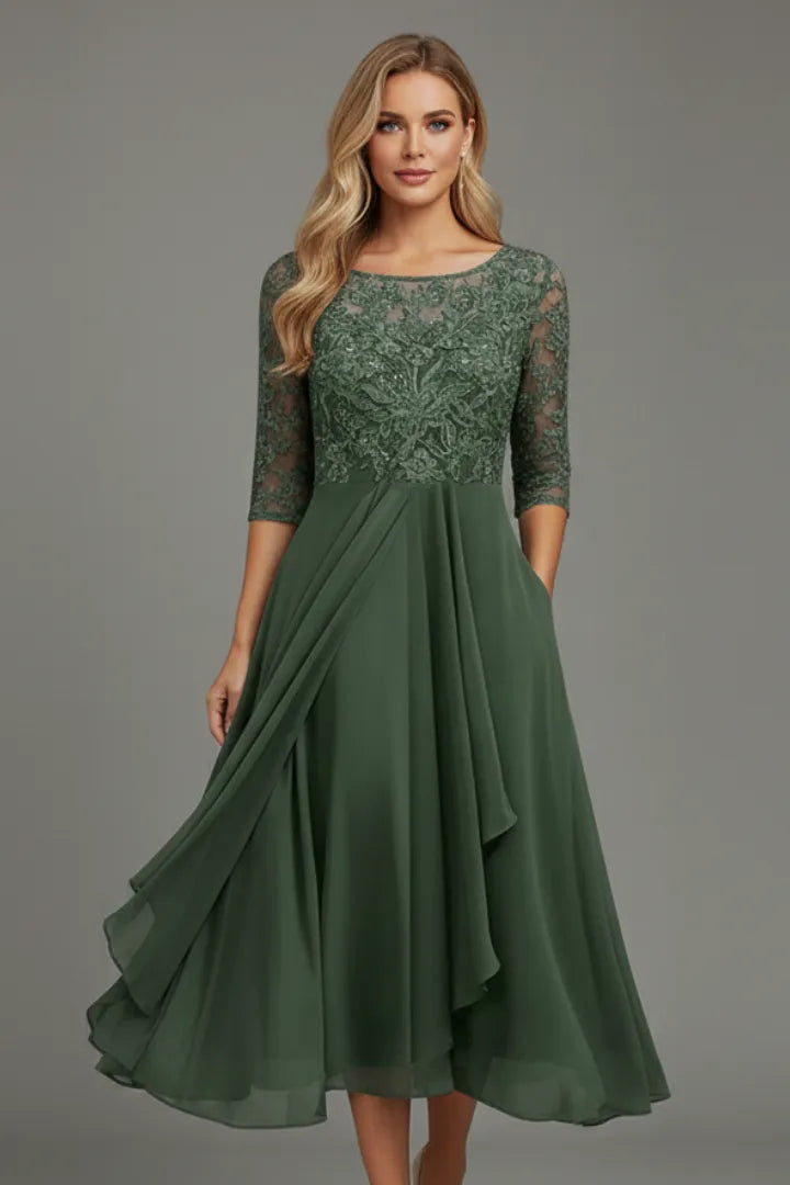 Women’s Elegant Short Sleeves Midi Wedding Guest Dress with Round Neckline