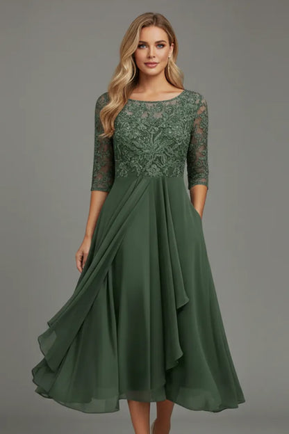 Women’s Elegant Short Sleeves Midi Wedding Guest Dress with Round Neckline