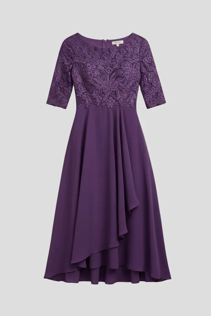 Women’s Elegant Short Sleeves Midi Wedding Guest Dress with Round Neckline