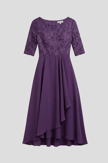 Women’s Elegant Short Sleeves Midi Wedding Guest Dress with Round Neckline