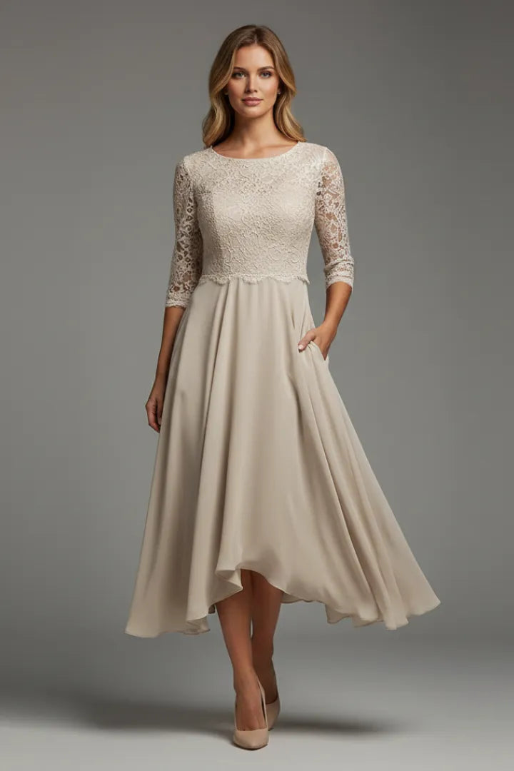 Women’s Elegant Short Sleeves Midi Wedding Guest Dress with Round Neckline