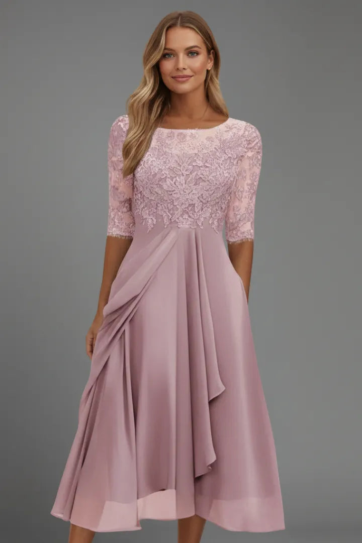 Women’s Elegant Short Sleeves Midi Wedding Guest Dress with Round Neckline