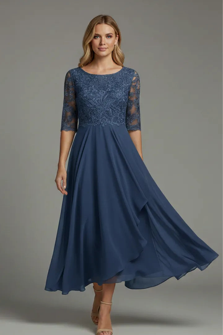 Women’s Elegant Short Sleeves Midi Wedding Guest Dress with Round Neckline