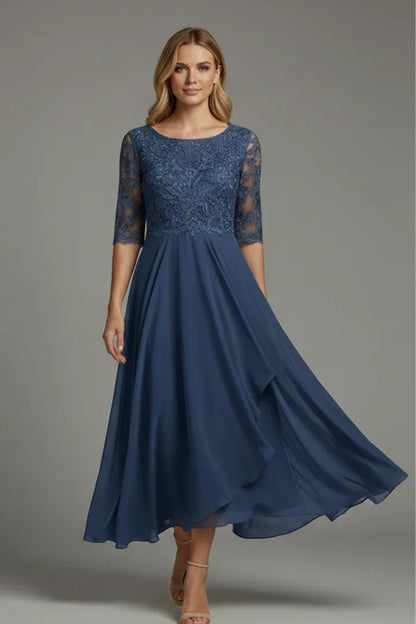 Women’s Elegant Short Sleeves Midi Wedding Guest Dress with Round Neckline