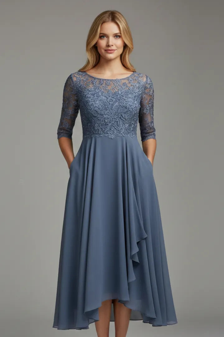 Women’s Elegant Short Sleeves Midi Wedding Guest Dress with Round Neckline