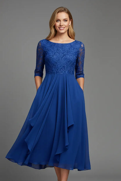 Women’s Elegant Short Sleeves Midi Wedding Guest Dress with Round Neckline