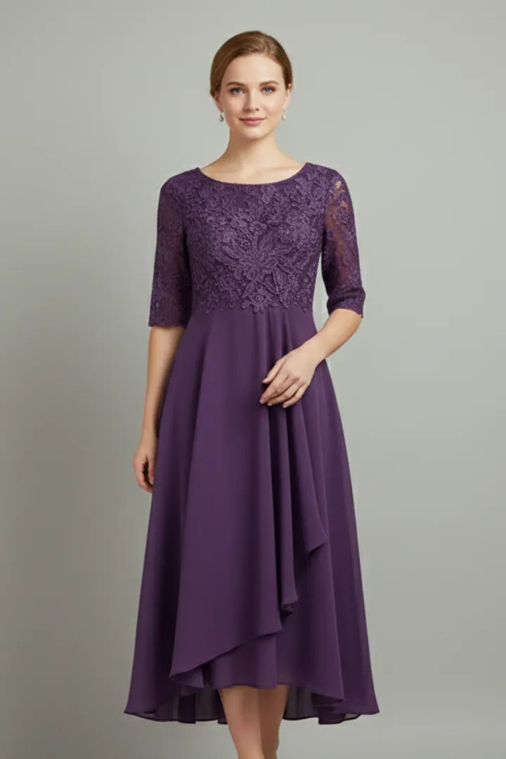 Women’s Elegant Short Sleeves Midi Wedding Guest Dress with Round Neckline