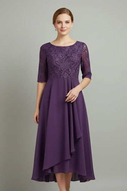 Women’s Elegant Short Sleeves Midi Wedding Guest Dress with Round Neckline