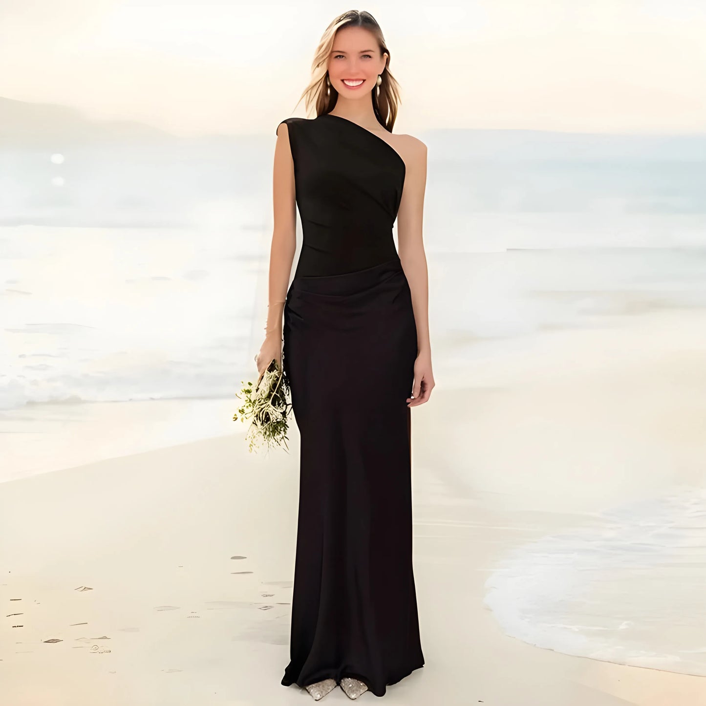 Women's Elegant Sleeveless Maxi Wedding Guest Dress with Asymmetric Neckline