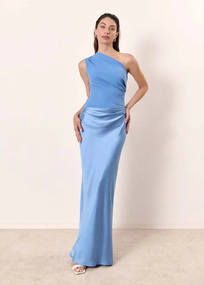 Women's Elegant Sleeveless Maxi Wedding Guest Dress with Asymmetric Neckline