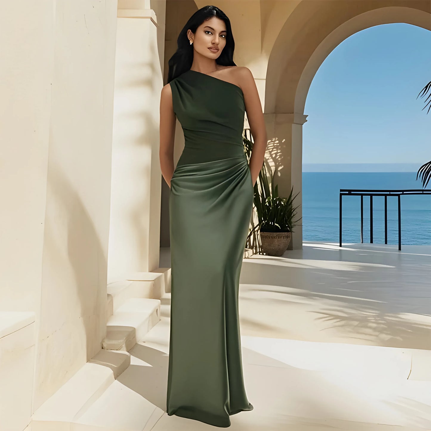 Women's Elegant Sleeveless Maxi Wedding Guest Dress with Asymmetric Neckline