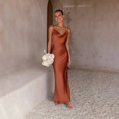 Women's Elegant Sleeveless Maxi Wedding Guest Dress with Open Back