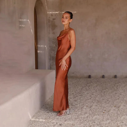 Women's Elegant Sleeveless Maxi Wedding Guest Dress with Open Back