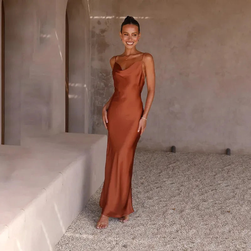 Women's Elegant Sleeveless Maxi Wedding Guest Dress with Open Back