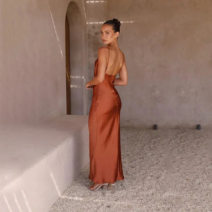 Women's Elegant Sleeveless Maxi Wedding Guest Dress with Open Back