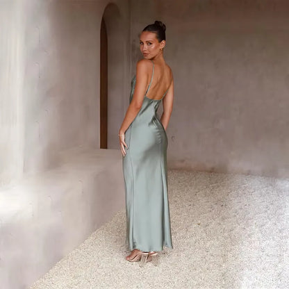 Women's Elegant Sleeveless Maxi Wedding Guest Dress with Open Back