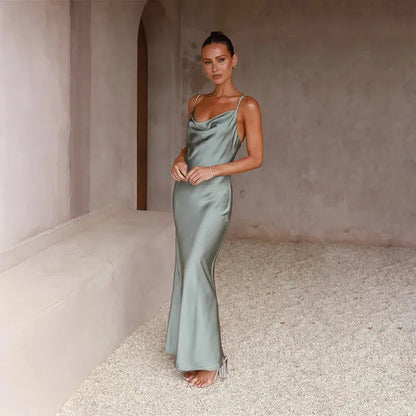 Women's Elegant Sleeveless Maxi Wedding Guest Dress with Open Back