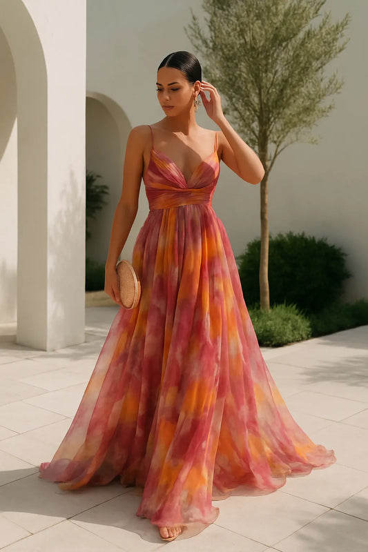 Women's Elegant Sleeveless Maxi Wedding Guest Dress with V-Neck