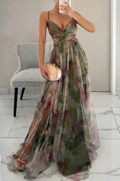 Women's Elegant Sleeveless Maxi Wedding Guest Dress with V-Neck