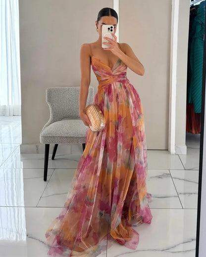 Women's Elegant Sleeveless Maxi Wedding Guest Dress with V-Neck
