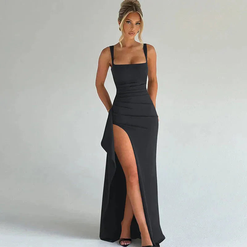 Women’s Elegant Square Neck Maxi Wedding Guest Dress with High Slit