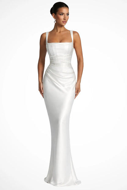 Women’s Elegant Square Neck Maxi Wedding Guest Dress with Ruched Detail