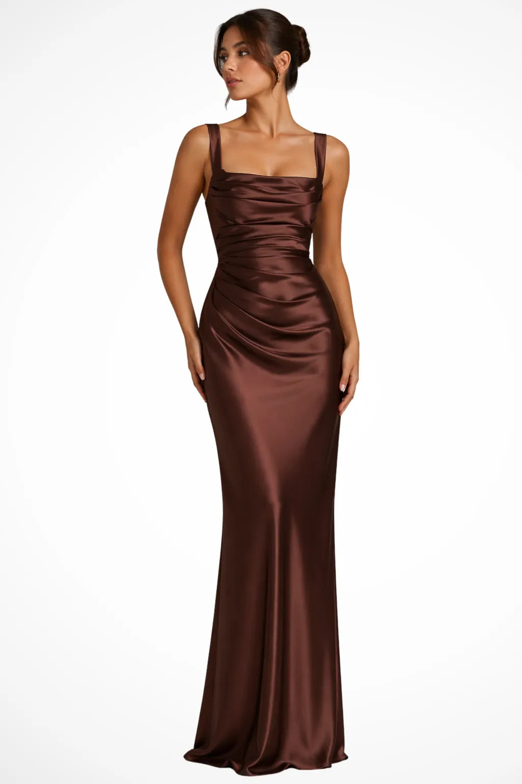 Women’s Elegant Square Neck Maxi Wedding Guest Dress with Ruched Detail