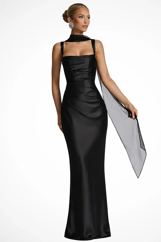 Women’s Elegant Square Neck Maxi Wedding Guest Dress with Ruched Detail