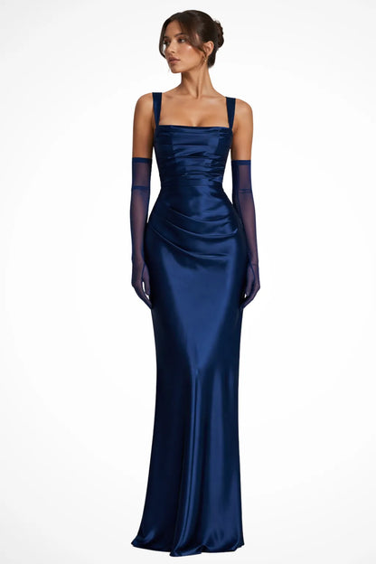 Women’s Elegant Square Neck Maxi Wedding Guest Dress with Ruched Detail