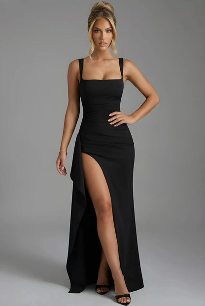 Women's Elegant Square Neck Maxi Wedding Guest Dress with Slit