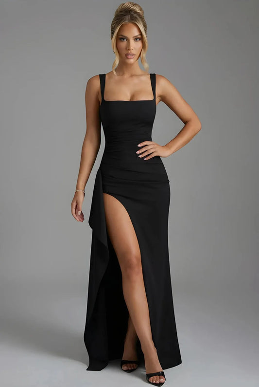 Women's Elegant Square Neck Maxi Wedding Guest Dress with Slit