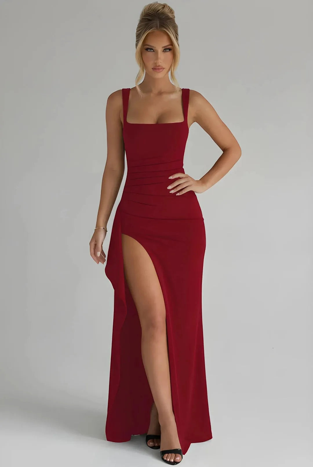 Women's Elegant Square Neck Maxi Wedding Guest Dress with Slit
