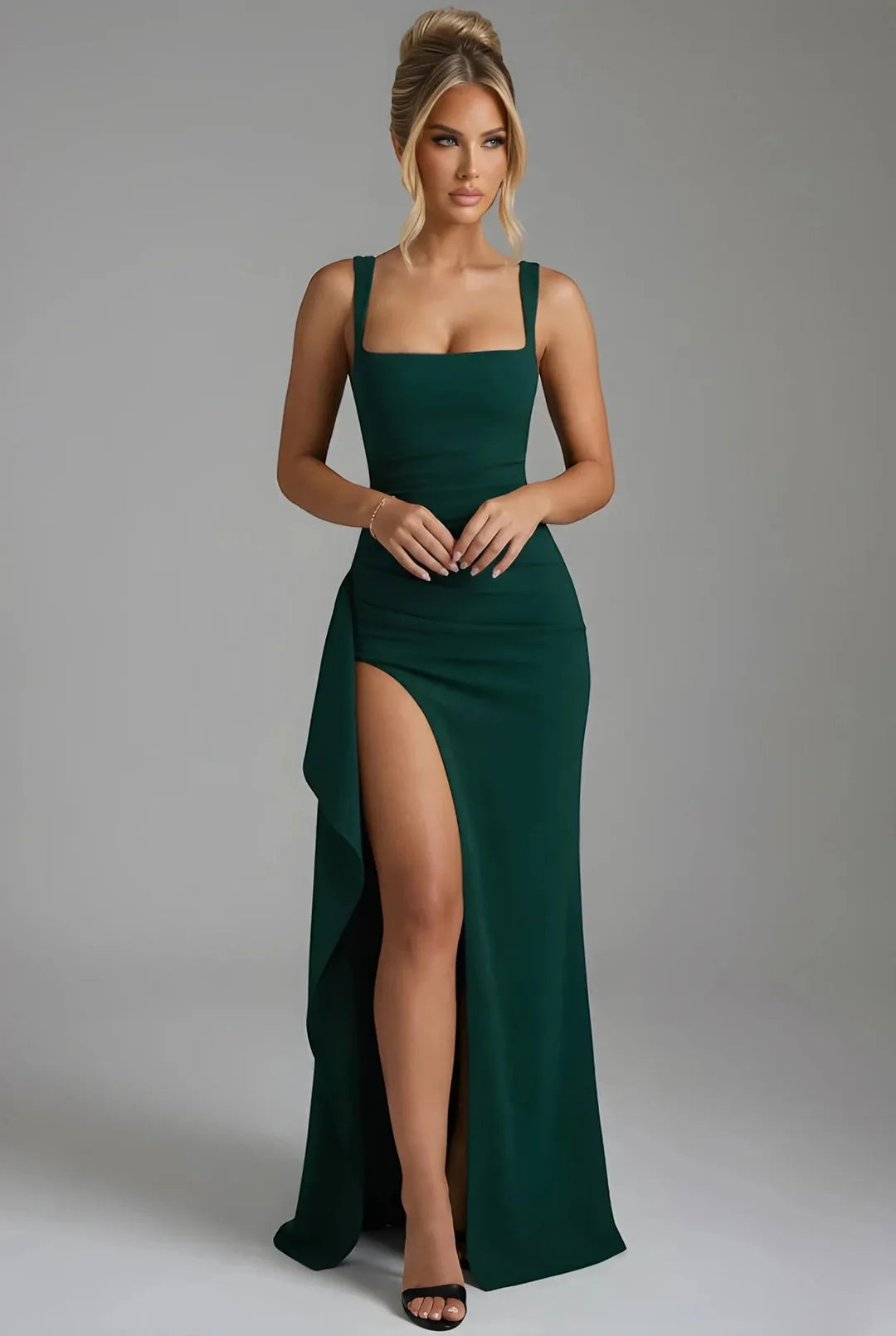 Women's Elegant Square Neck Maxi Wedding Guest Dress with Slit