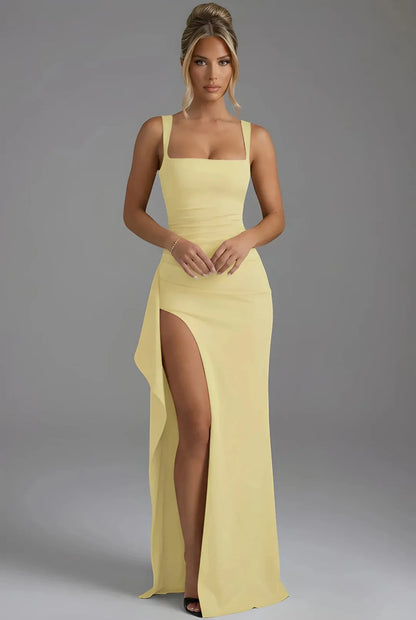 Women's Elegant Square Neck Maxi Wedding Guest Dress with Slit