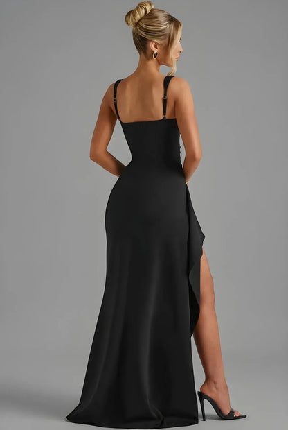 Women's Elegant Square Neck Maxi Wedding Guest Dress with Slit