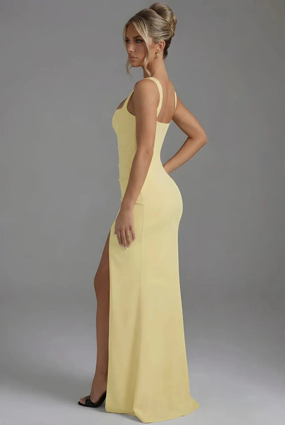 Women's Elegant Square Neck Maxi Wedding Guest Dress with Slit